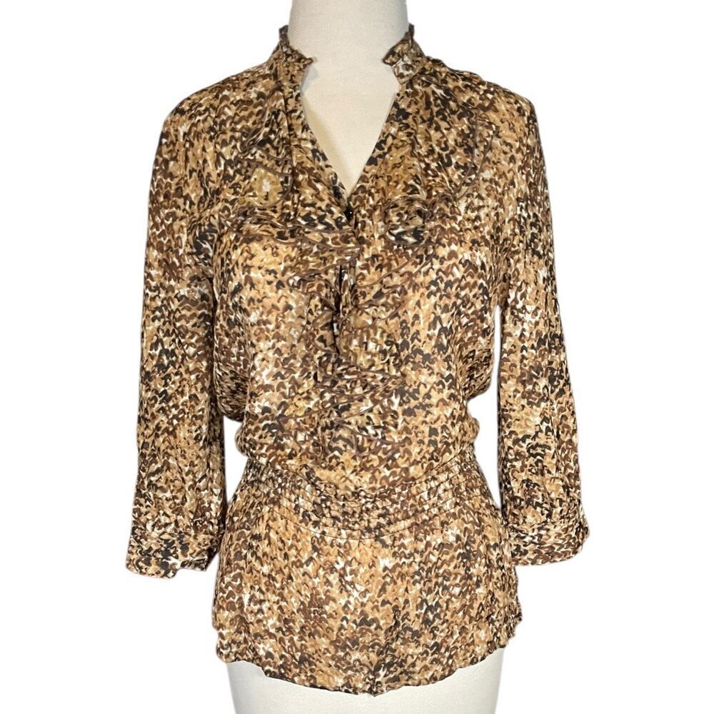 Y2K Quiet Luxury Semantiks XS 100% Silk Ruffle Blouse Animal Print 3/4 Sleeve